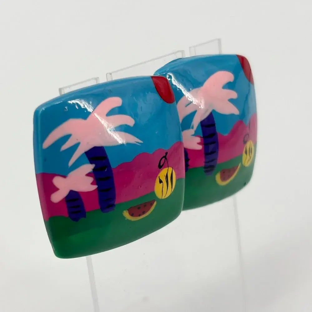 Hand-Painted Square Earrings – Tropical Scene, Pink Palm‎ Trees, Folk Art Style